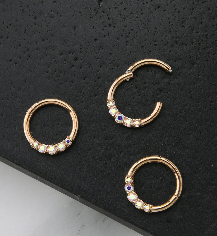 Rose Gold PVD Rainbow Aurora CZ Hinged Segment Ring - Image 2