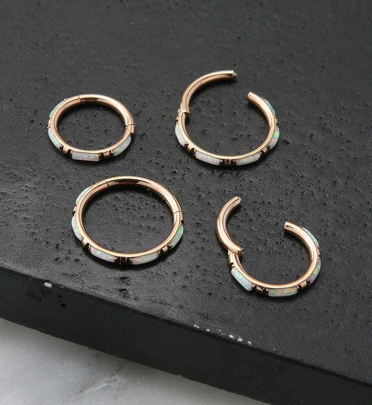 Rose Gold PVD Oblong White Opalite Edge Hinged Segment Ring - Image 2