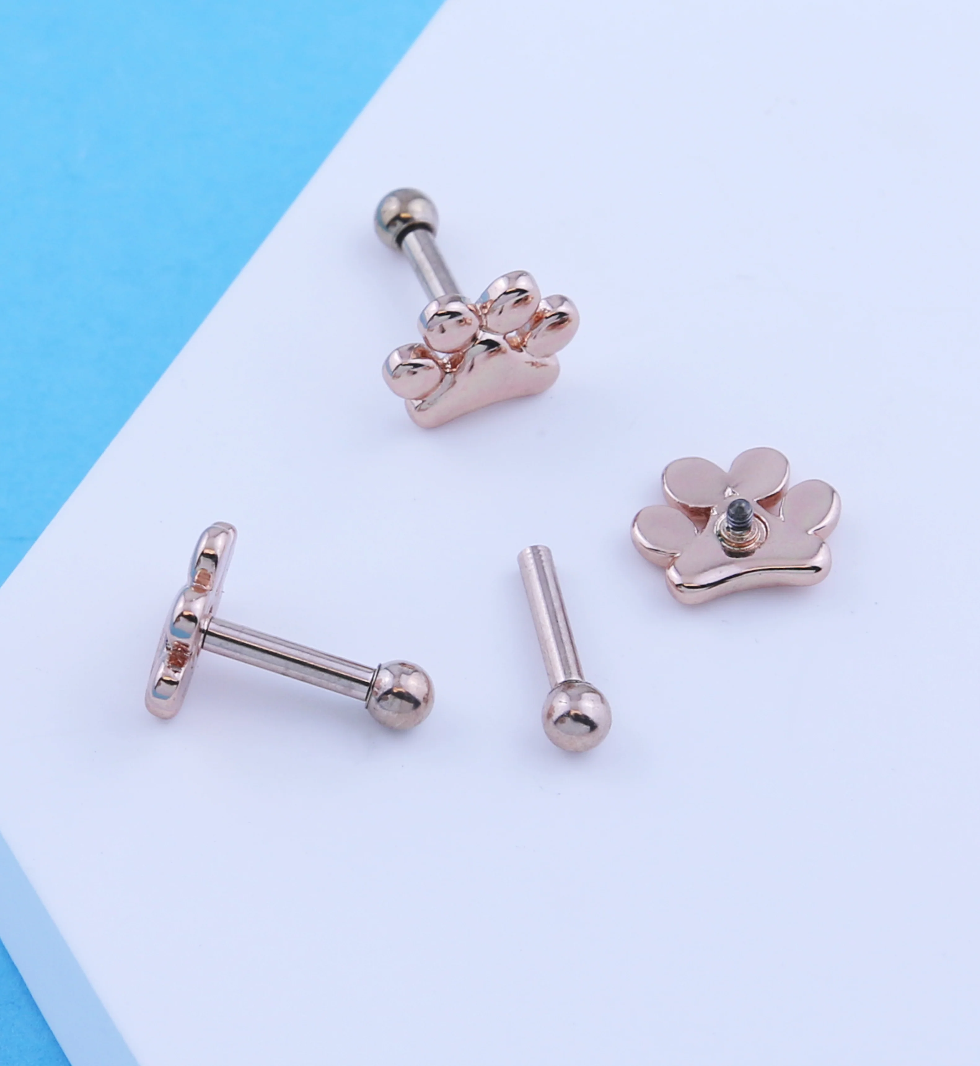 Rose Gold PVD Paw Print Stainless Steel Cartilage Barbell - Image 2