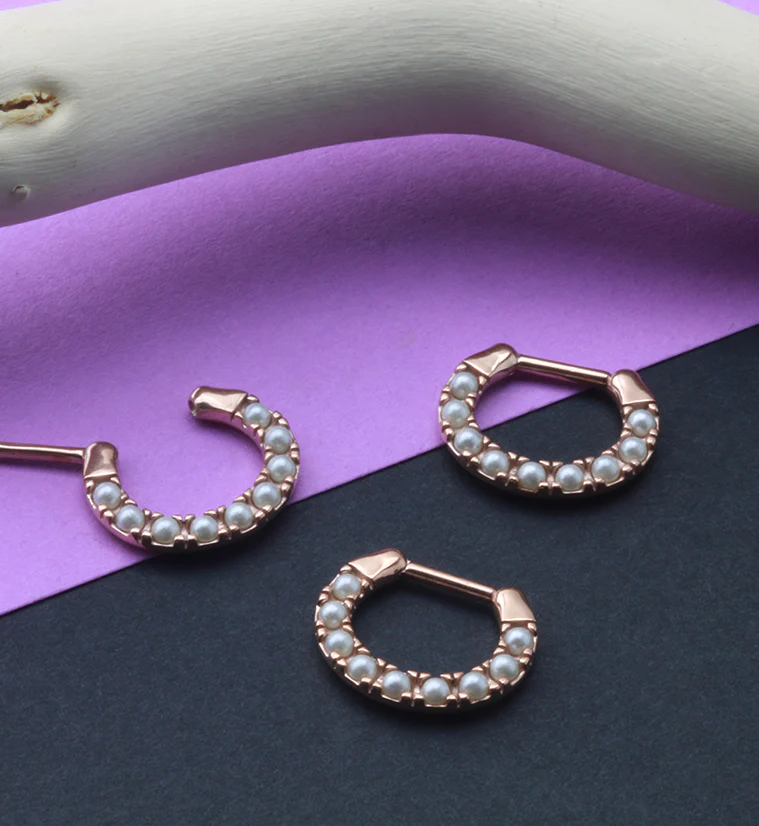 Rose Gold PVD Pearl Hinged Segment Hoop Ring - Image 2