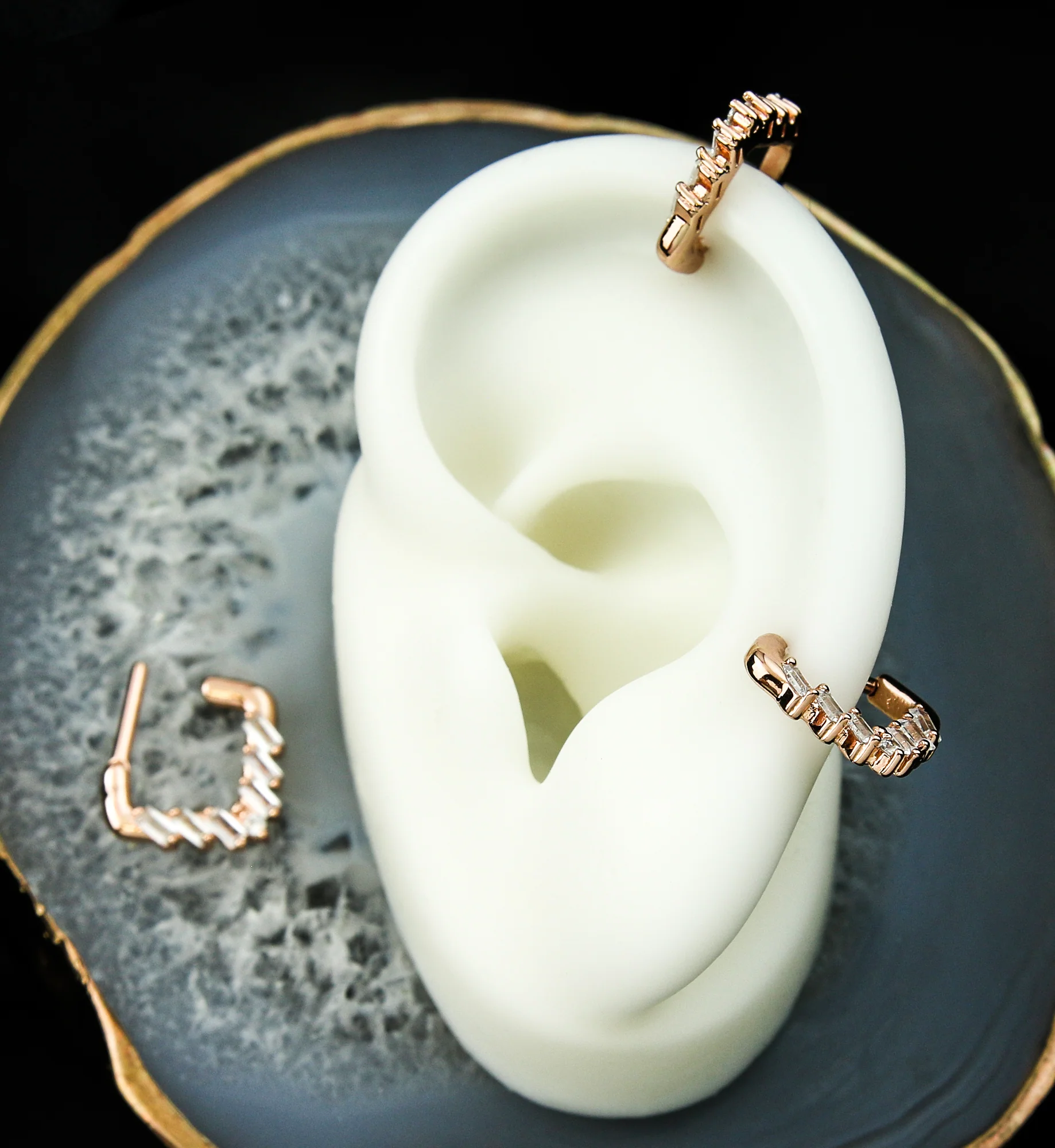 Rose Gold PVD Point Baguette Clear CZ Stainless Steel Hinged Segment Ring - Image 2