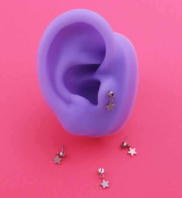 Rose Gold PVD Rainbow Aurora CZ Dangle Star Titanium Threadless Top - Image 2