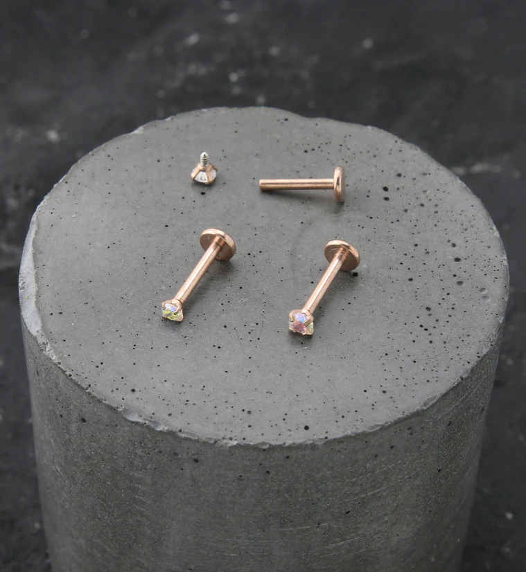 Rose Gold PVD Rainbow Aurora Prong CZ Stainless Steel Internally Threaded Labret - Image 2