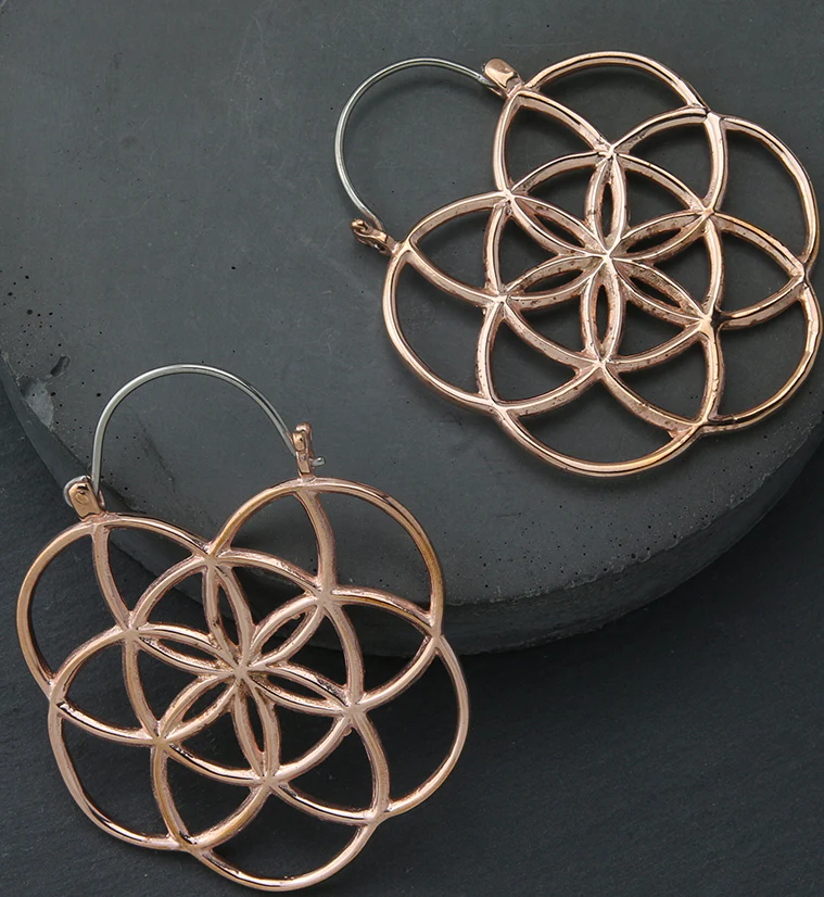 Rose Gold PVD Seed of Life Plug Hoops - Image 2