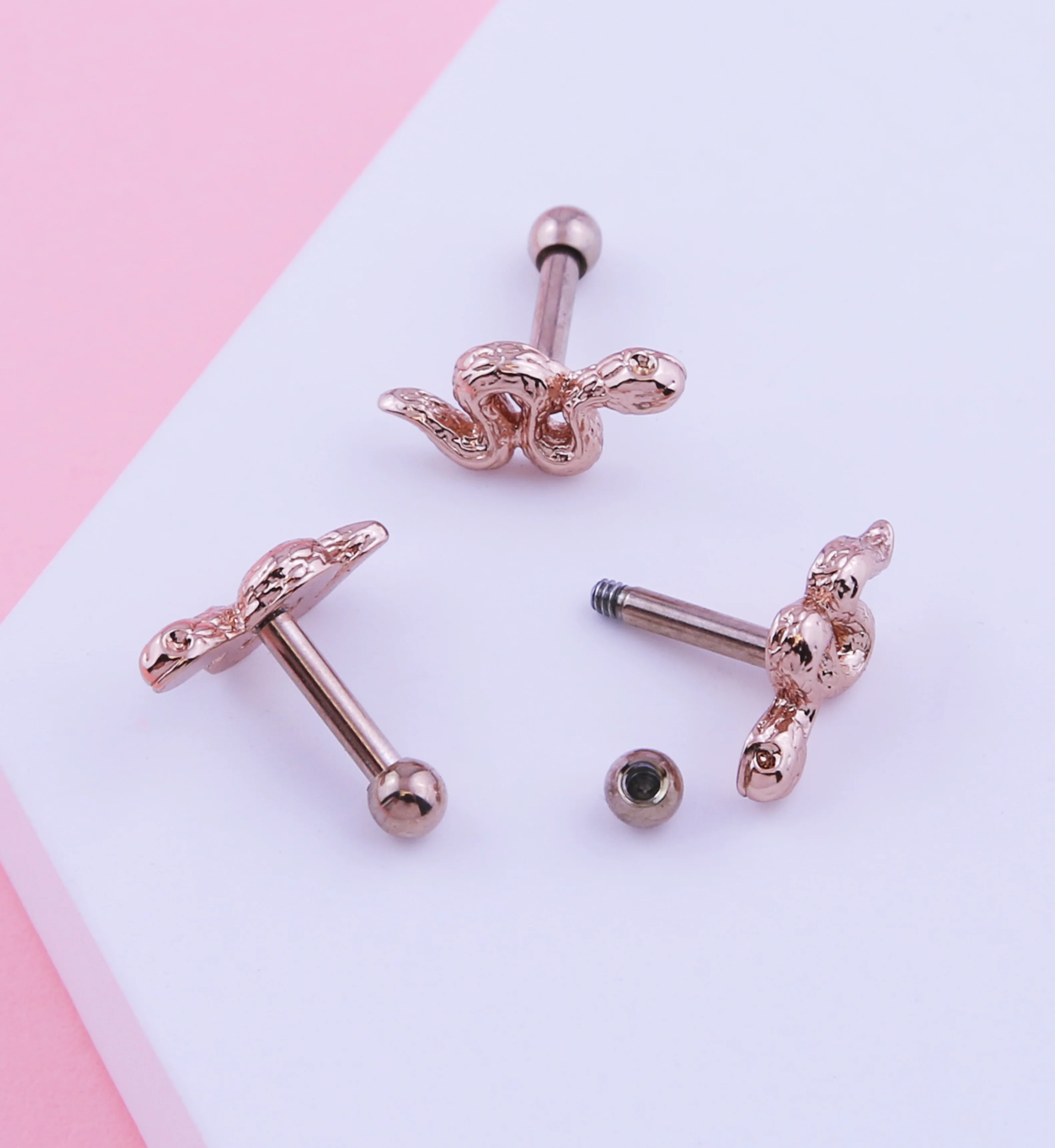 Rose Gold PVD Snake Stainless Steel Cartilage Barbell - Image 2