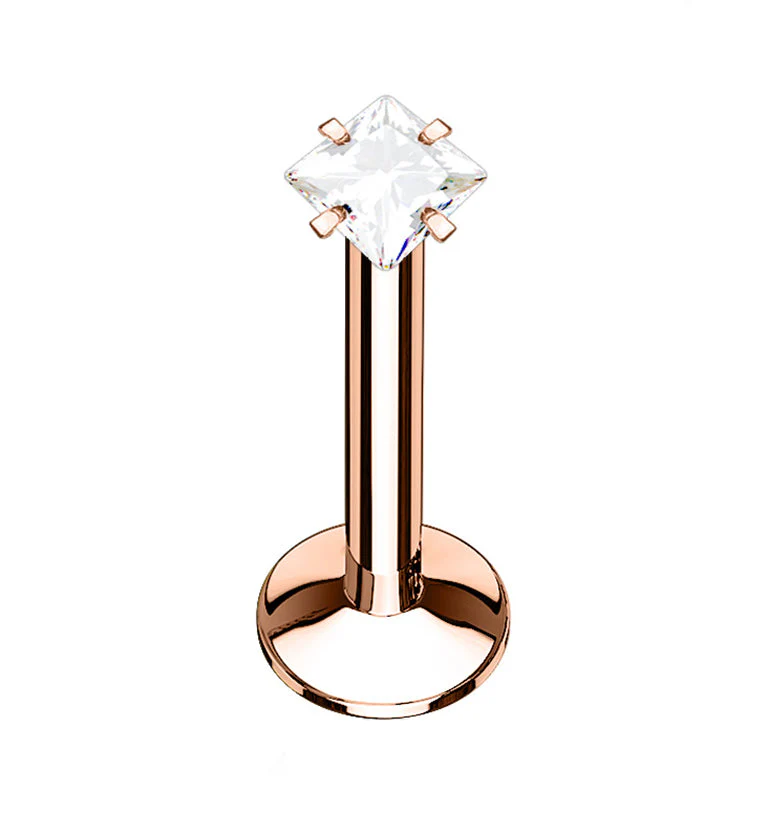 Rose Gold PVD Square CZ Prong Internally Threaded Labret