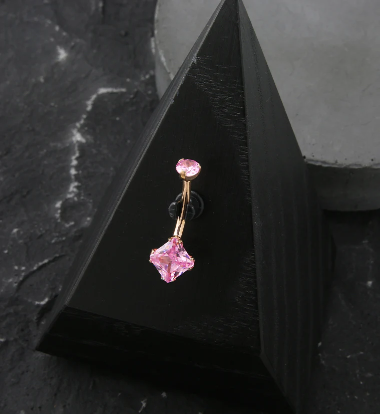 Rose Gold PVD Square Pink CZ Internally Threaded Titanium Belly Button Ring - Image 2