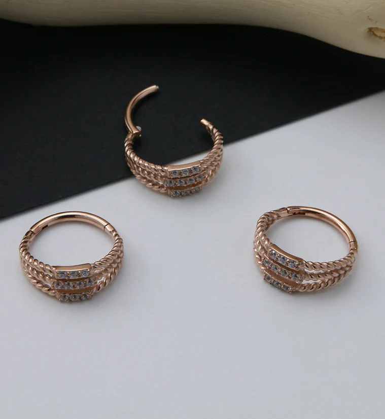 Rose Gold PVD Stacked Twine CZ Hinged Segment Ring - Image 2