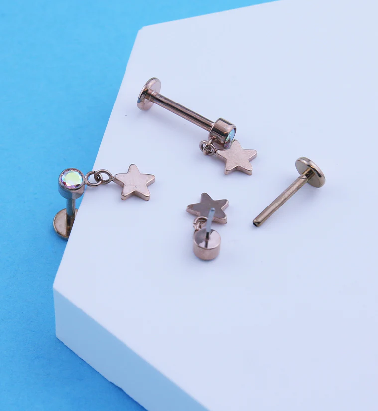 Rose Gold PVD Star Dangle Rainbow Aurora CZ Titanium Threadless Labret - Image 2
