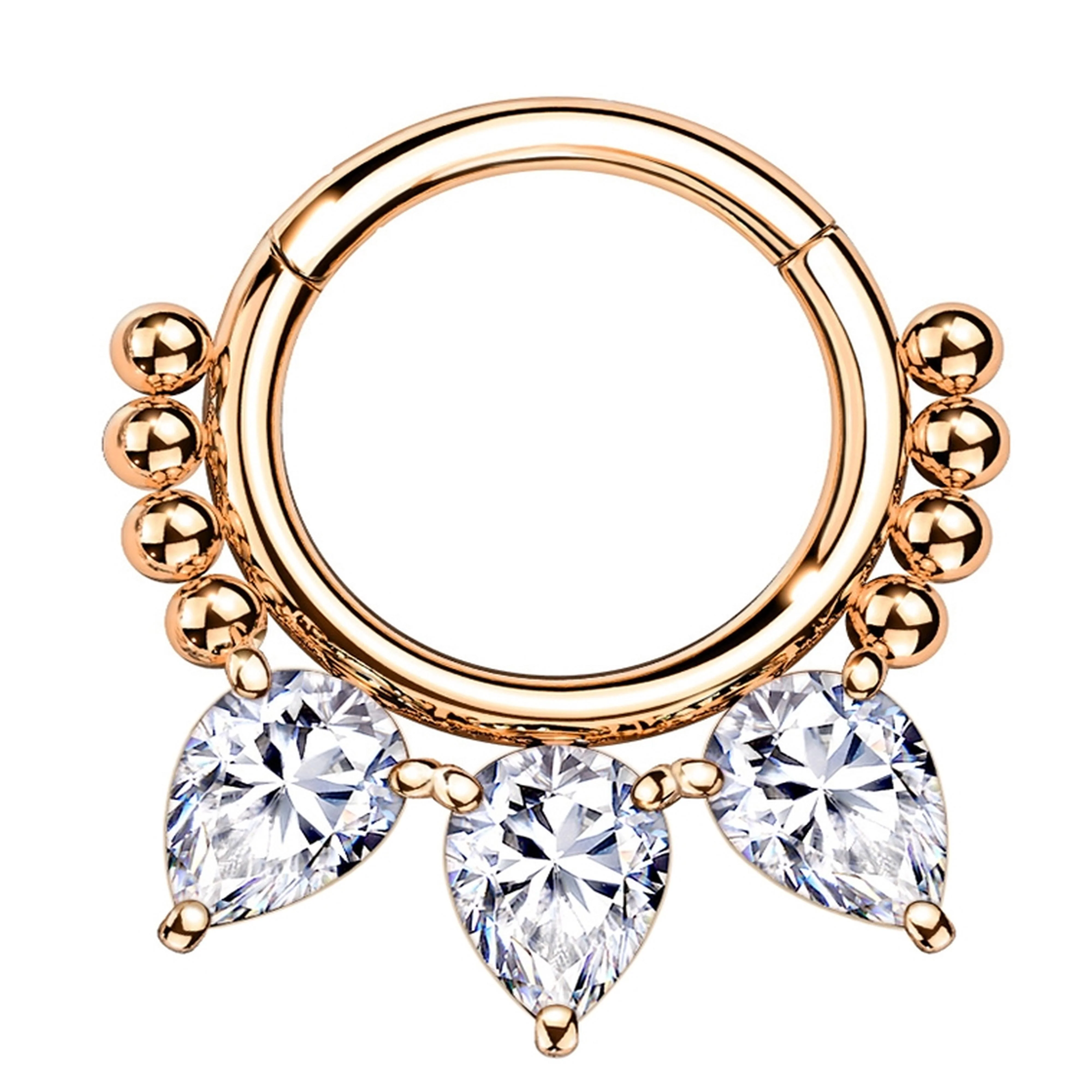 Rose Gold PVD Teardrop CZ Bead Hinged Segment Ring