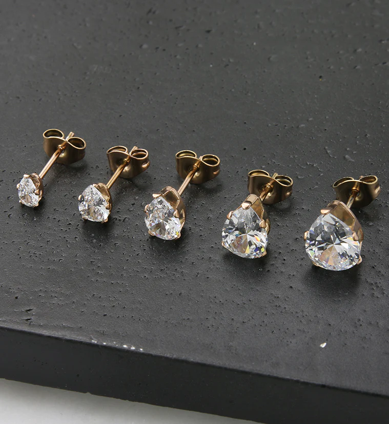 Rose Gold PVD Teardrop CZ Stainless Steel Earrings - Image 2