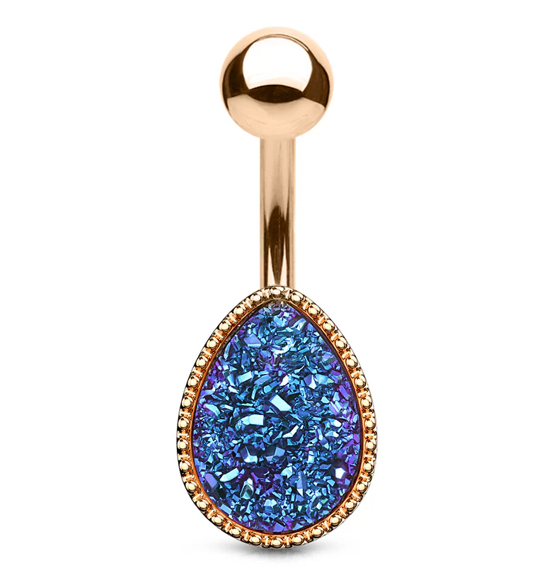 Rose Gold PVD Teardrop Purple Aqua Druzy Shield Belly Button Ring
