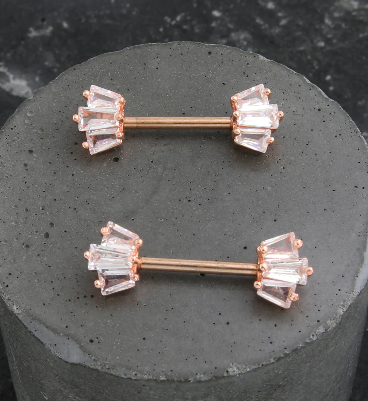 Rose Gold PVD Trinal Clear CZ Stainless Steel Nipple Barbell - Image 2
