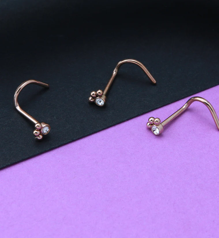 Rose Gold PVD Triple Beaded Clear CZ Nose Screw Ring - Image 2