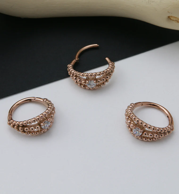 Rose Gold PVD Triple Stacked Bead CZ Hinged Segment Ring - Image 2