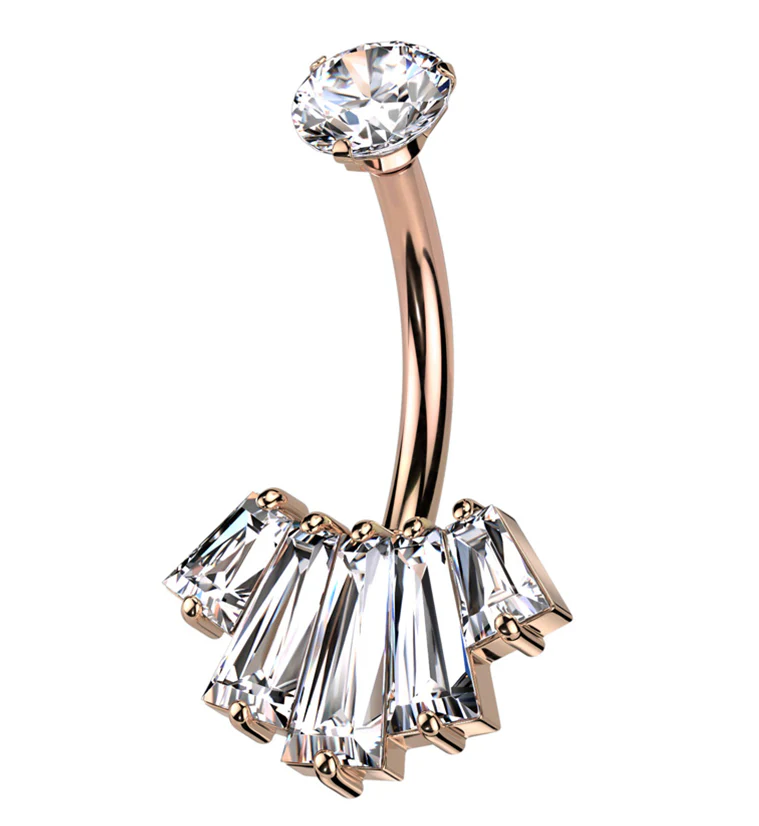 Rose Gold PVD Vane Baguette Clear CZ Belly Button Ring