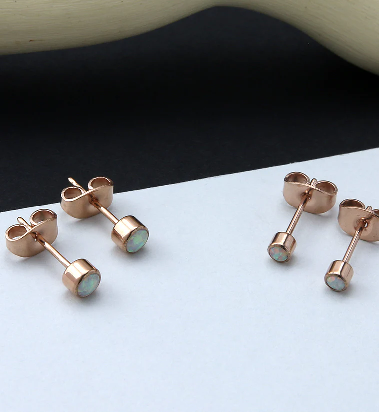 Rose Gold PVD White Opal Titanium Bezel Earrings - Image 2