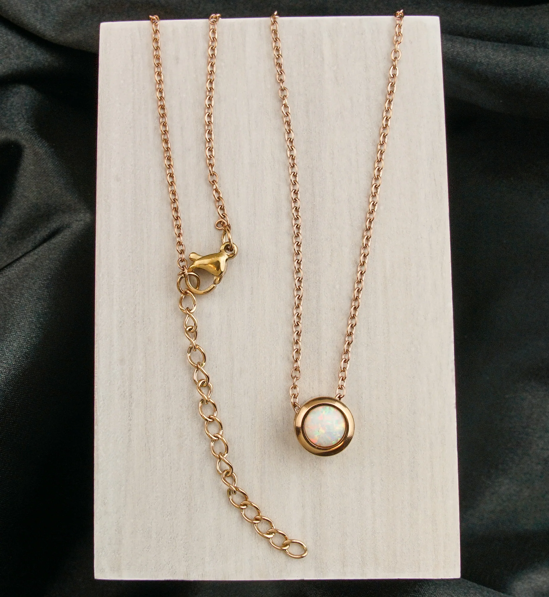 Rose Gold PVD White Opalite Pendant Stainless Steel Necklace - Image 2