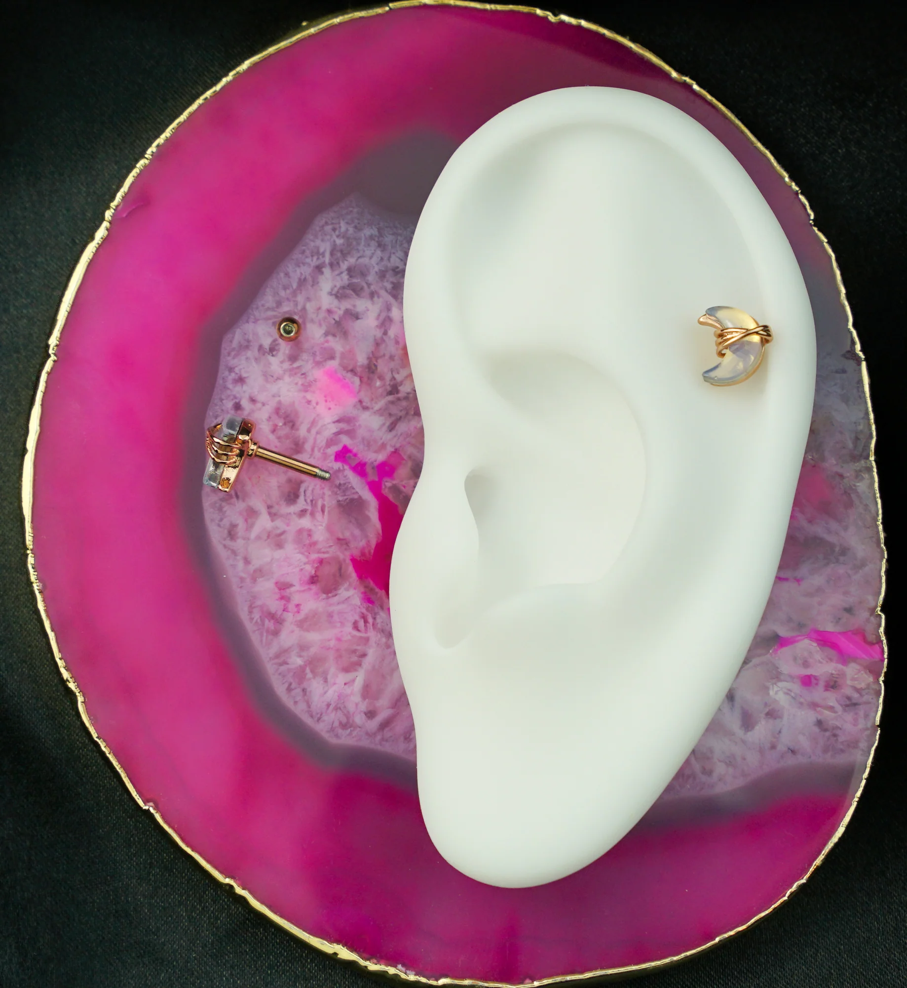 Rose Gold PVD Wrapped Crescent Moon White Opalite Cartilage Barbell - Image 2
