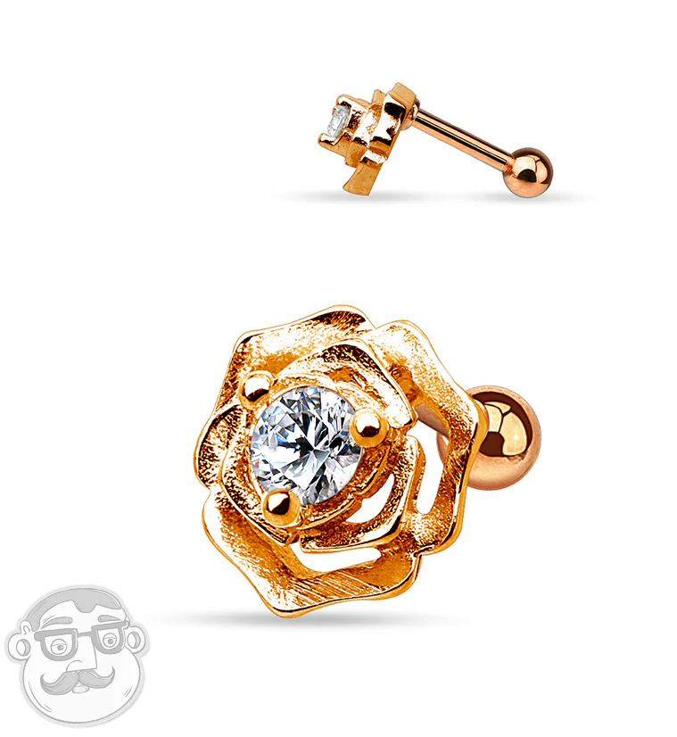 Rose Gold Rosebud CZ Steel Tragus - Cartilage Barbell