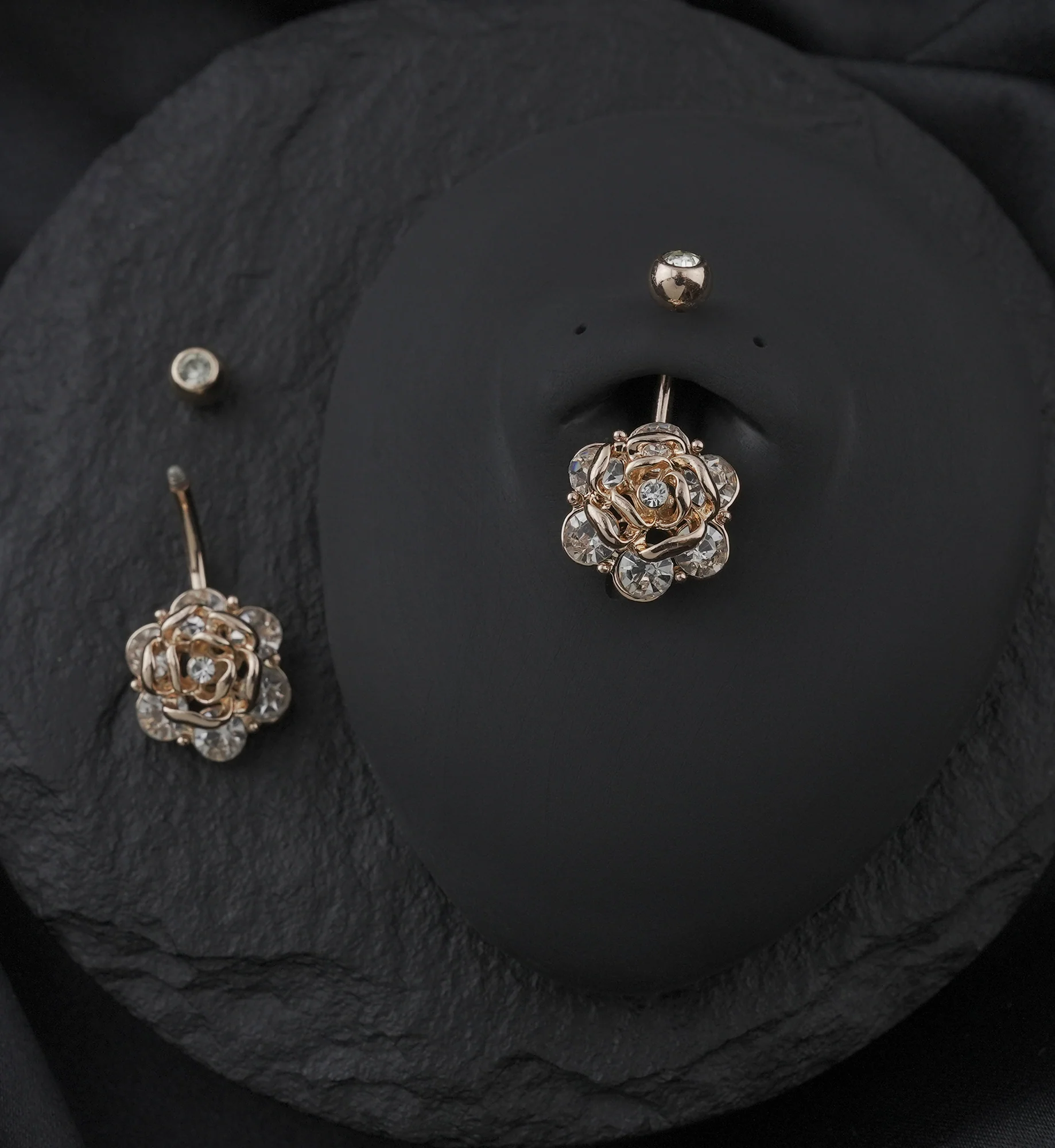 Rose Gold PVD Rosebud With Clear CZ Belly Button Ring - Image 2
