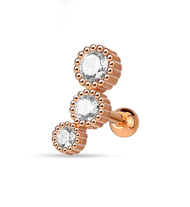Rose Gold Triple Annular CZ Steel Tragus - Cartilage Barbell