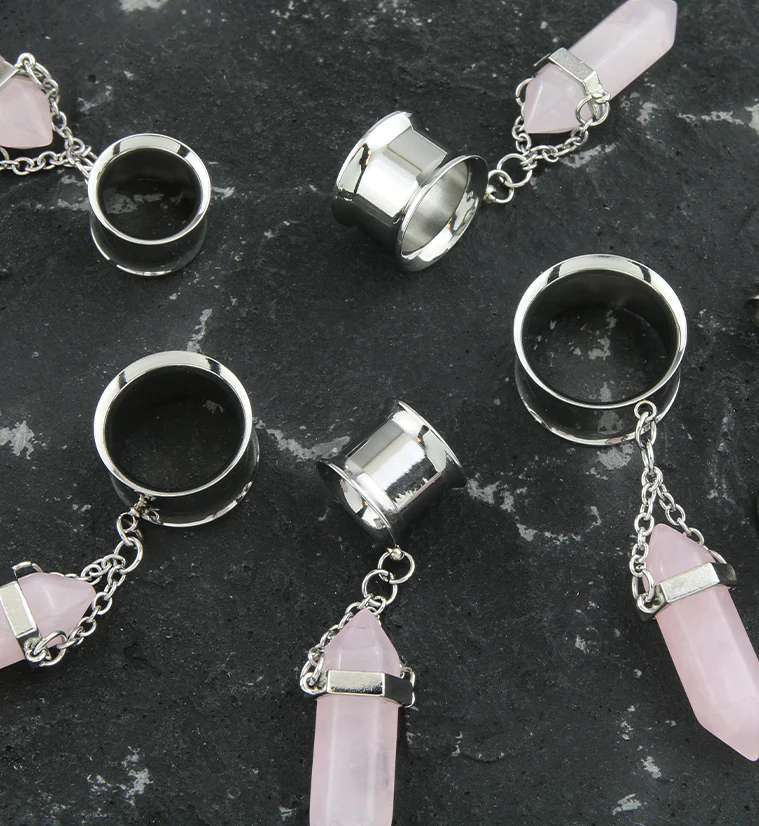 Rose Quartz Crystal Dangle Stainless Steel Tunnel Plugs - Image 2