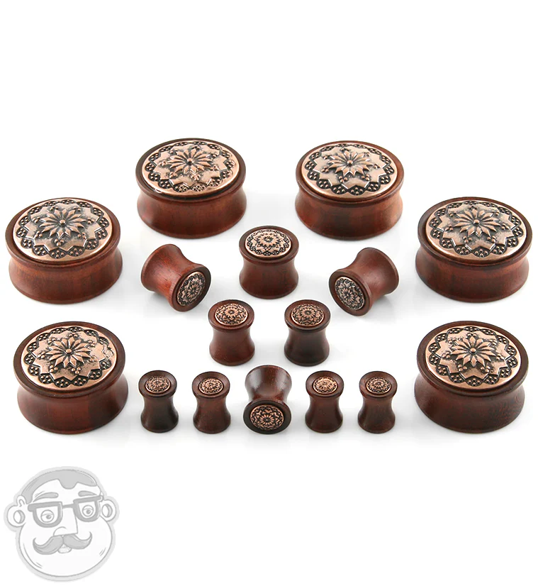 Rose Wood Plugs With Tribal Floral Inlay - Image 3