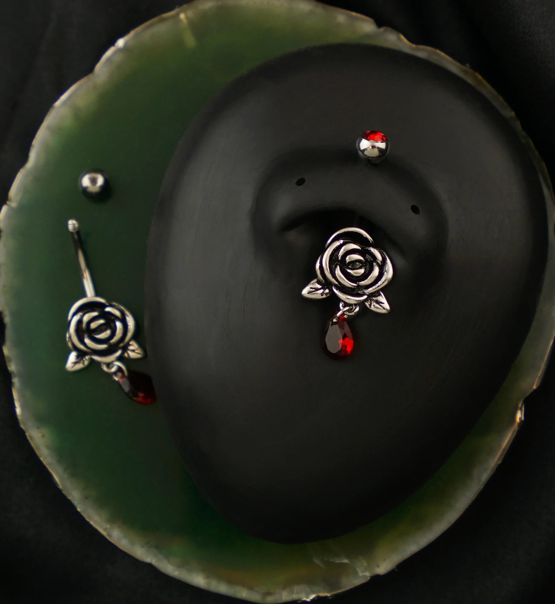 Rosebud Teardrop Red CZ Stainless Steel Belly Button Ring - Image 2