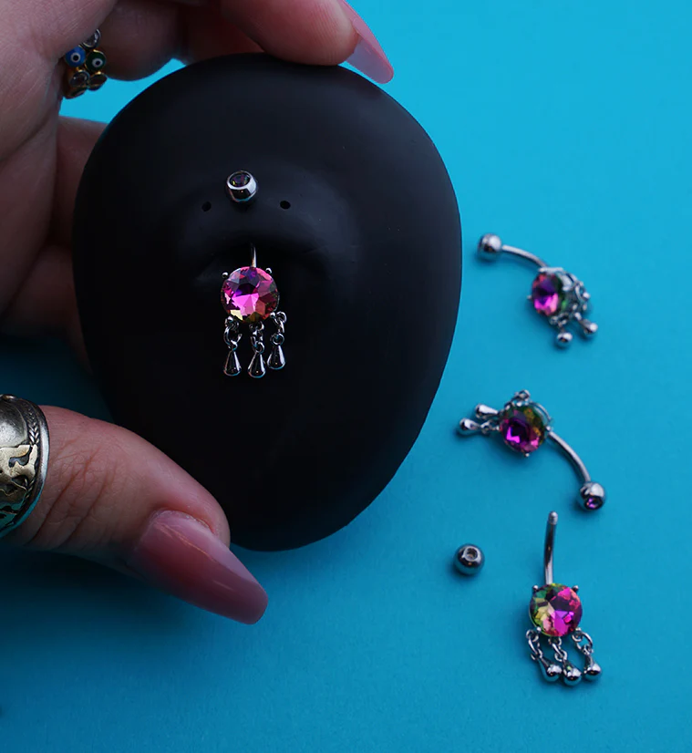 Round Black Aurora CZ Dangle Drops Stainless Steel Belly Button Ring - Image 2