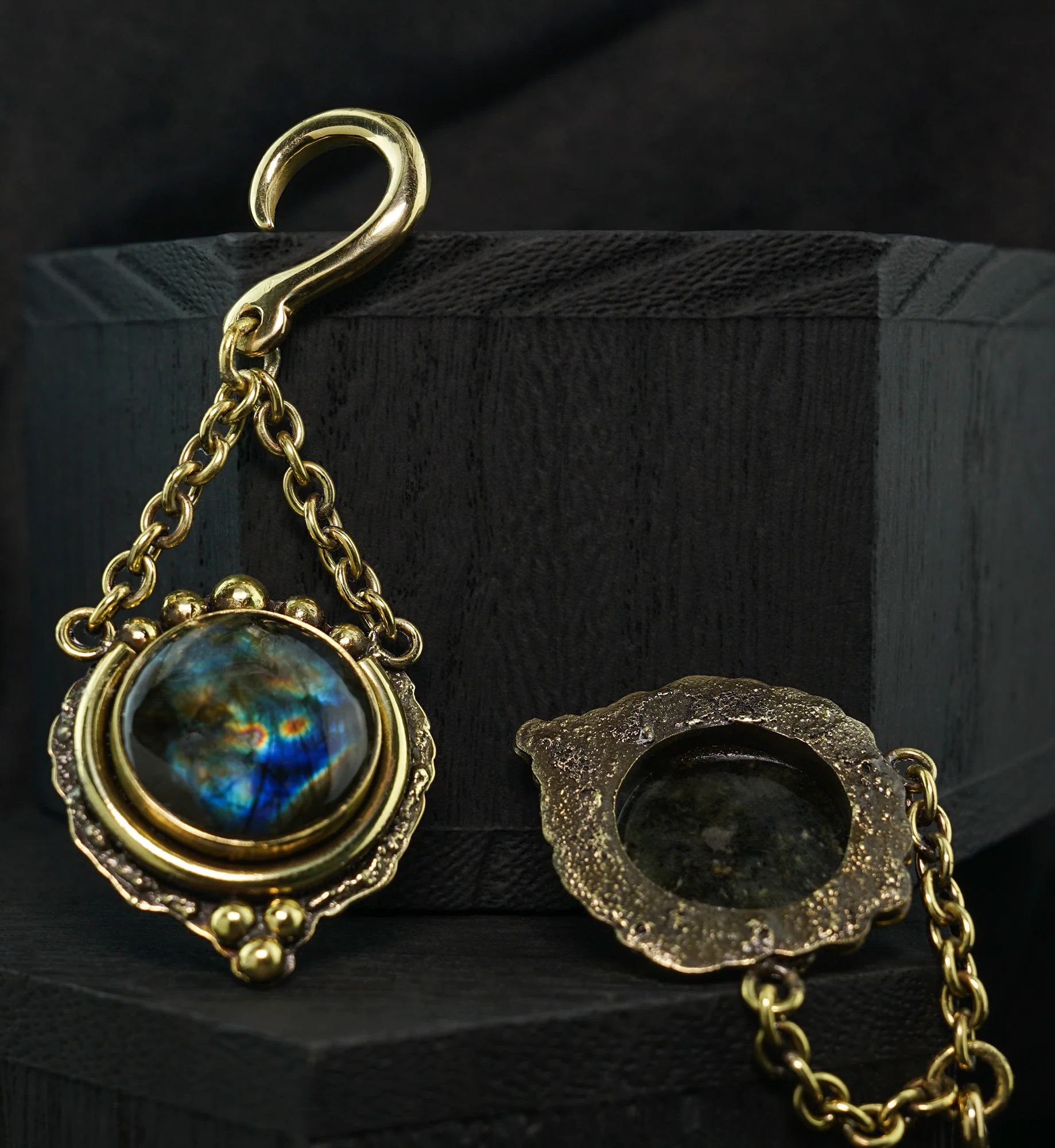 Round Disk Labradorite Stone Hanging Brass Ear Weights - Image 2