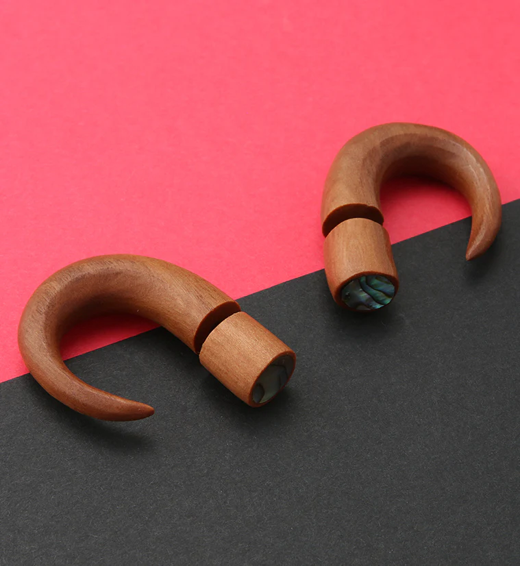 Saba Wood Fake Gauge Abalone Inlay Circular Tapers Tribal Earrings - Image 2