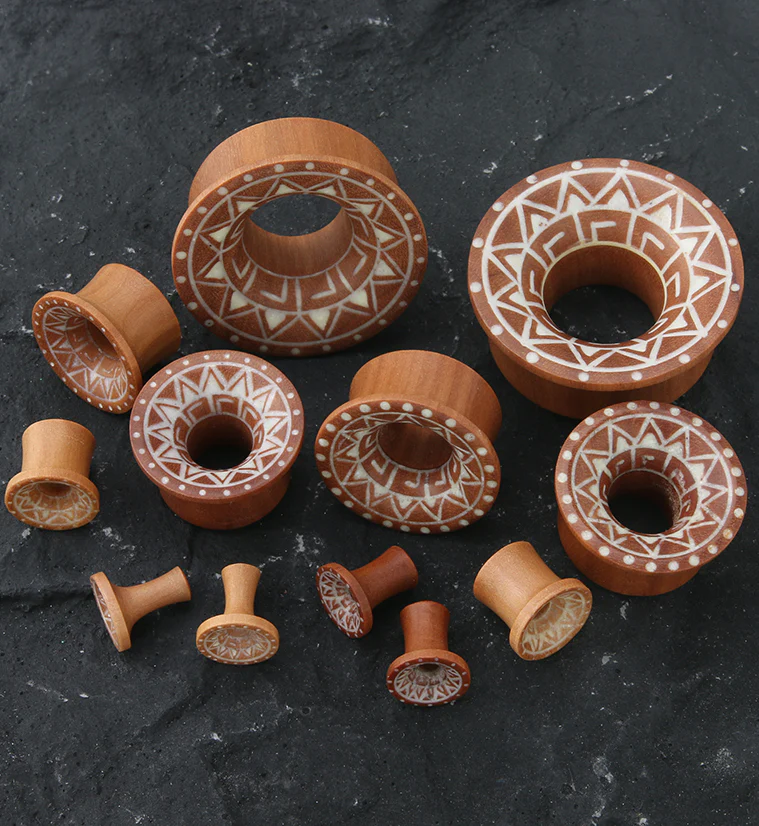 Saba Wood Mayan Flare Tunnels With Tribal Inlay - Image 2