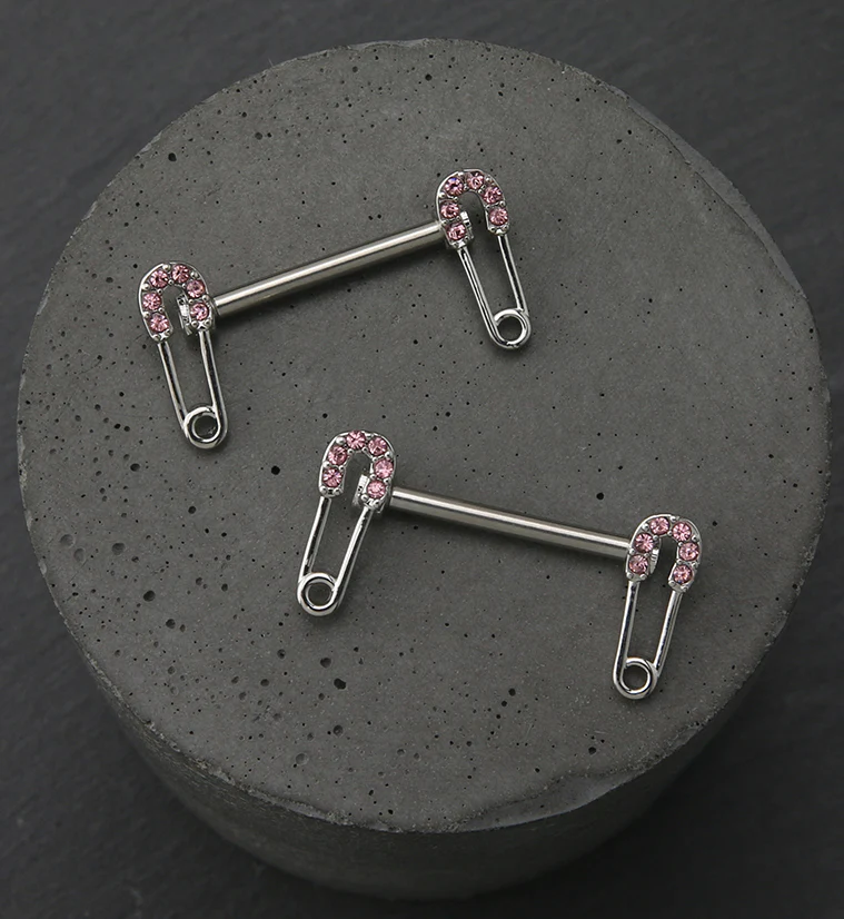 Safety Pin Pink CZ Stainless Steel Nipple Barbell - Image 2
