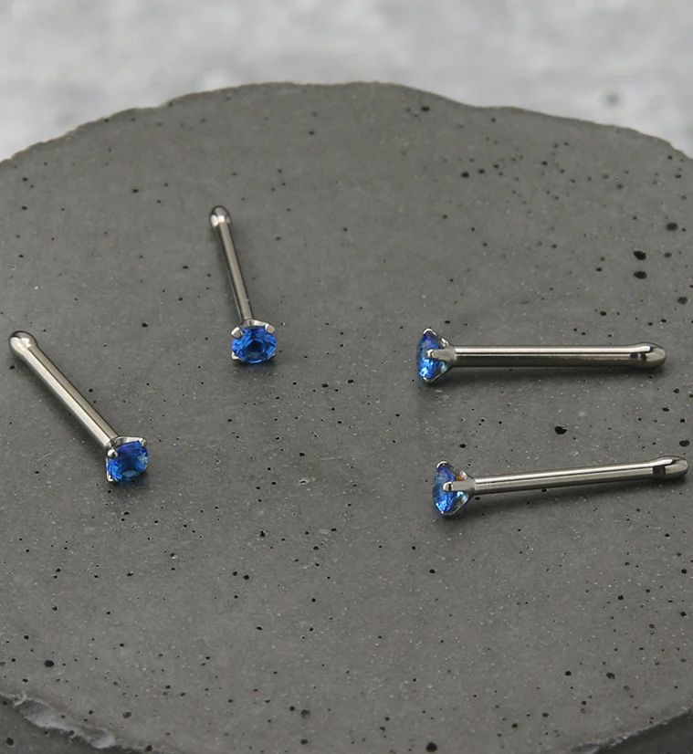 Sapphire Blue CZ Prong Set Titanium Nosebone - Image 2