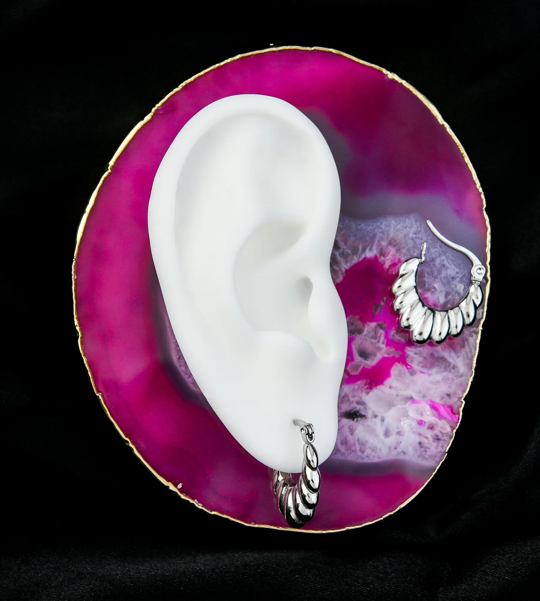 Scalloped Stainless Steel Hinged Hoop Earrings - Image 2