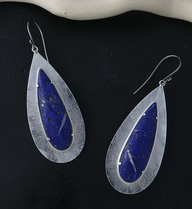 Score Blue Lapis Lazuli Stone White Brass Hangers / Earrings - Image 2