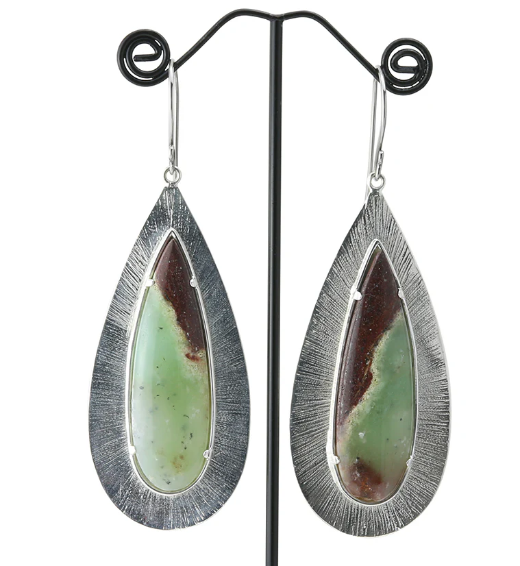 Score Chrysoprase Stone White Brass Hangers / Earrings - Image 2