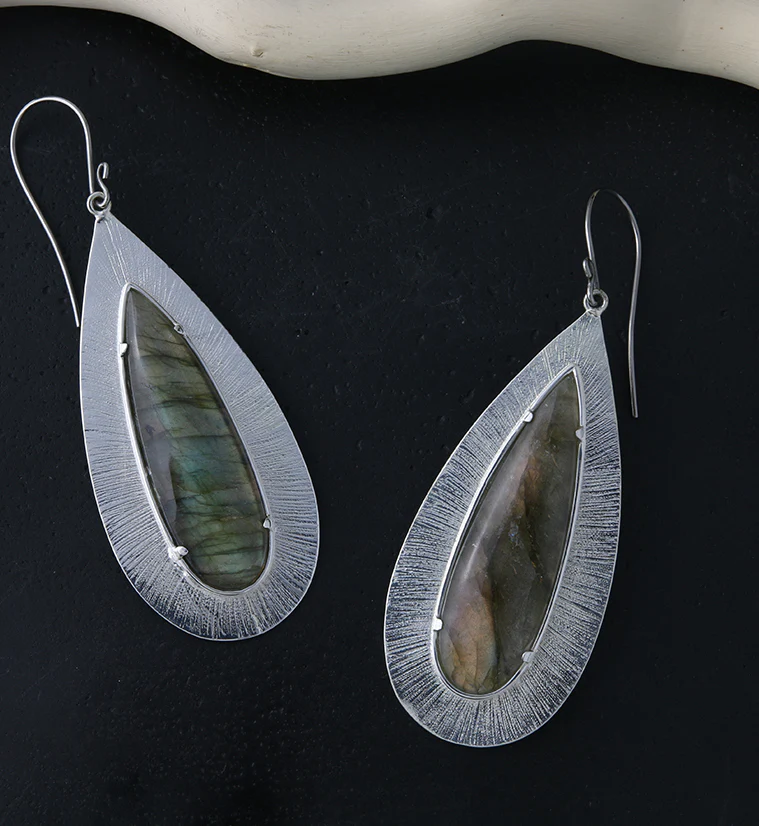 Score Labradorite Stone White Brass Hangers / Earrings - Image 2