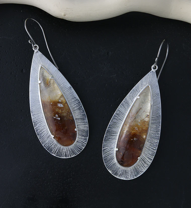 Score Rutilated Quartz Stone White Brass Hangers / Earrings - Image 2
