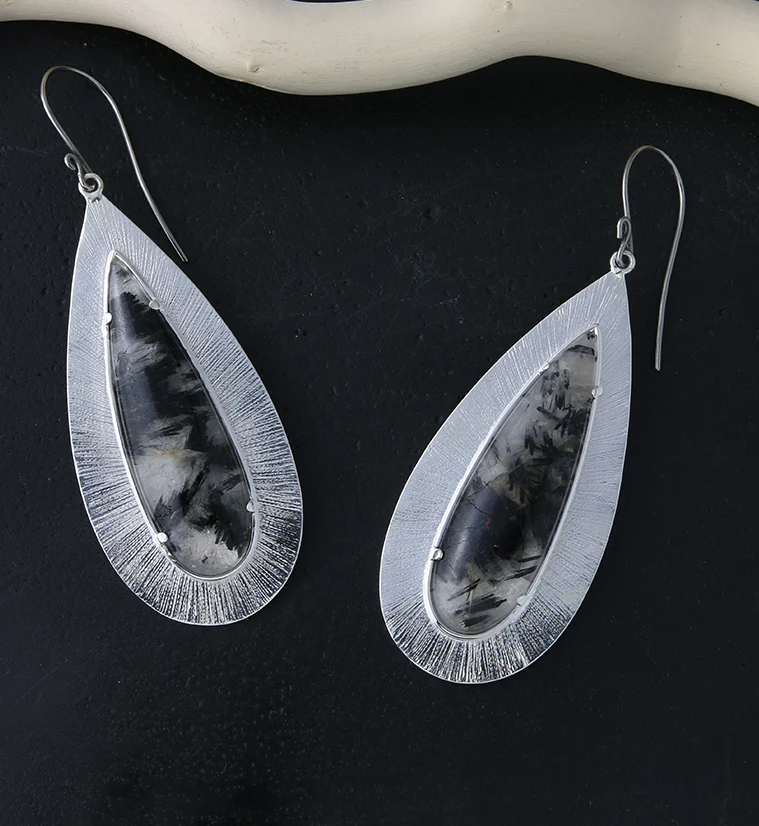 Score Tourmalated Quartz Stone White Brass Hangers / Earrings - Image 2
