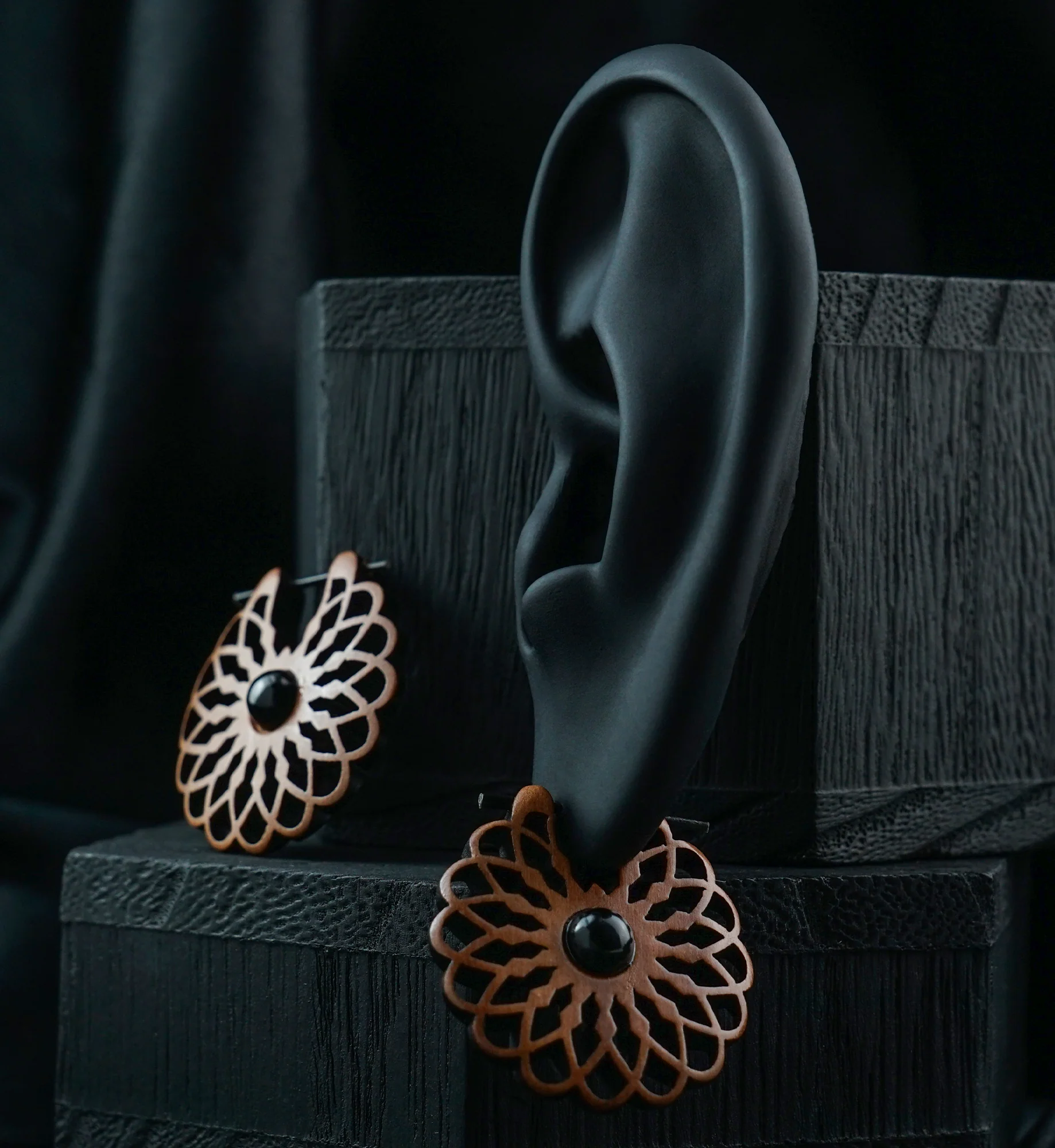 Seed of Life Black Onyx Inlay Wood Earrings - Image 2