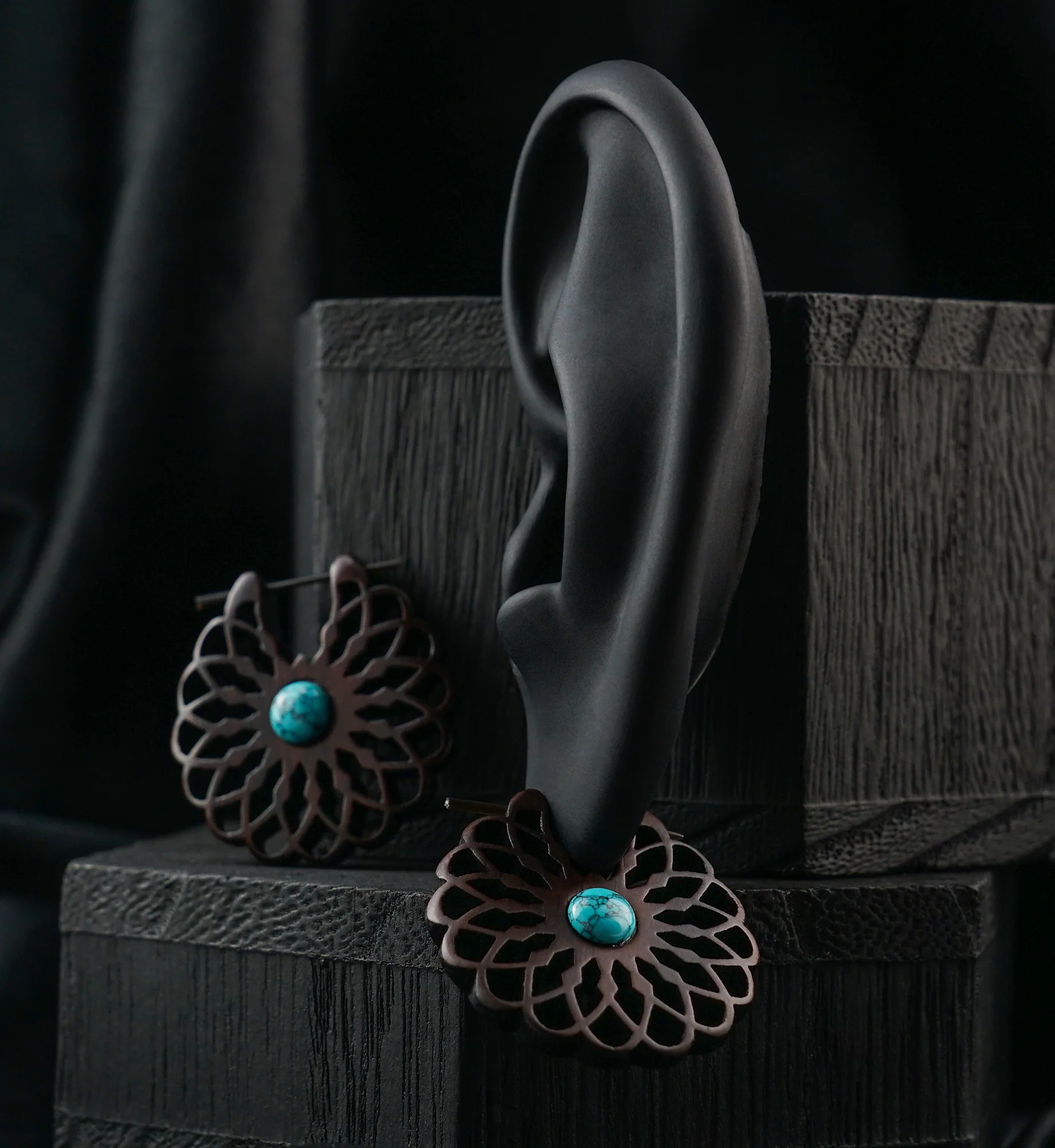 Seed of Life Howlite Turquoise Inlay Wood Earrings - Image 2
