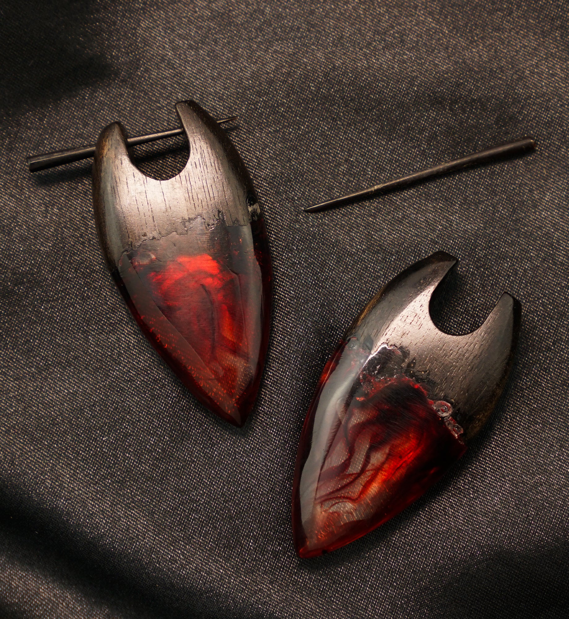 Seeping Red Resin Areng Wood Point Earrings - Image 2