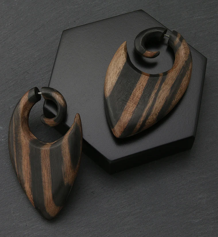Shield Areng Wood Fake Gauge Spiral Earrings - Image 2