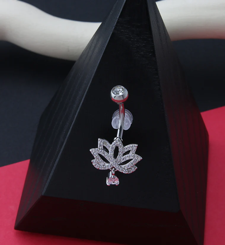 Shimmering Lotus Flower Dangle CZ Belly Ring - Image 2