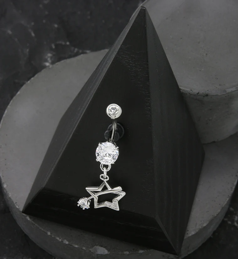 Shooting Star CZ Dangle Stainless Steel Belly Button Ring - Image 2