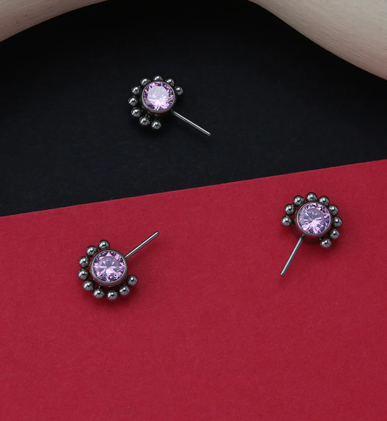 Side Facing Beaded Pink CZ Titanium Threadless Top - Image 2