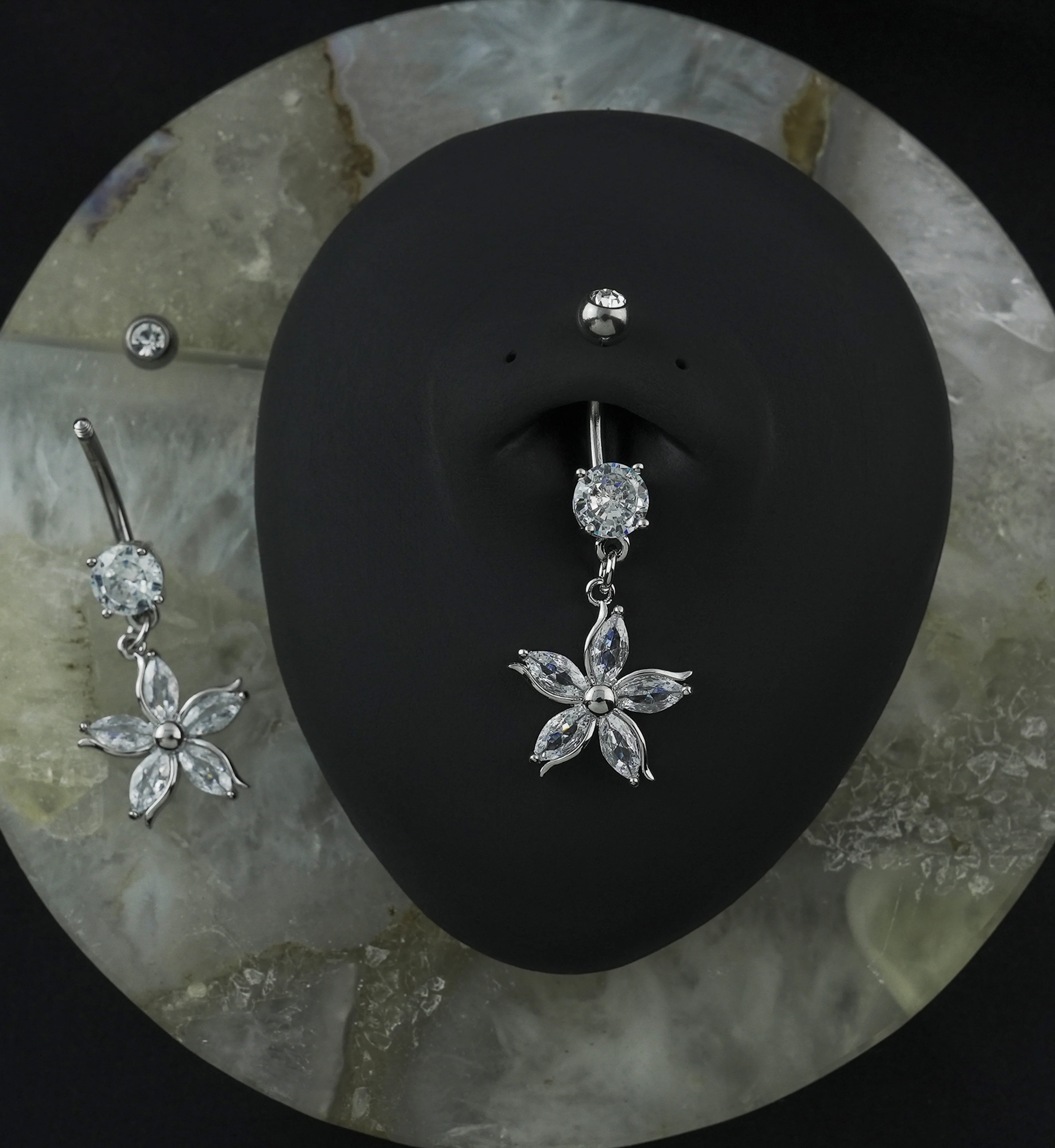 Silver Floral CZ Stainless Steel Belly Button Ring - Image 2