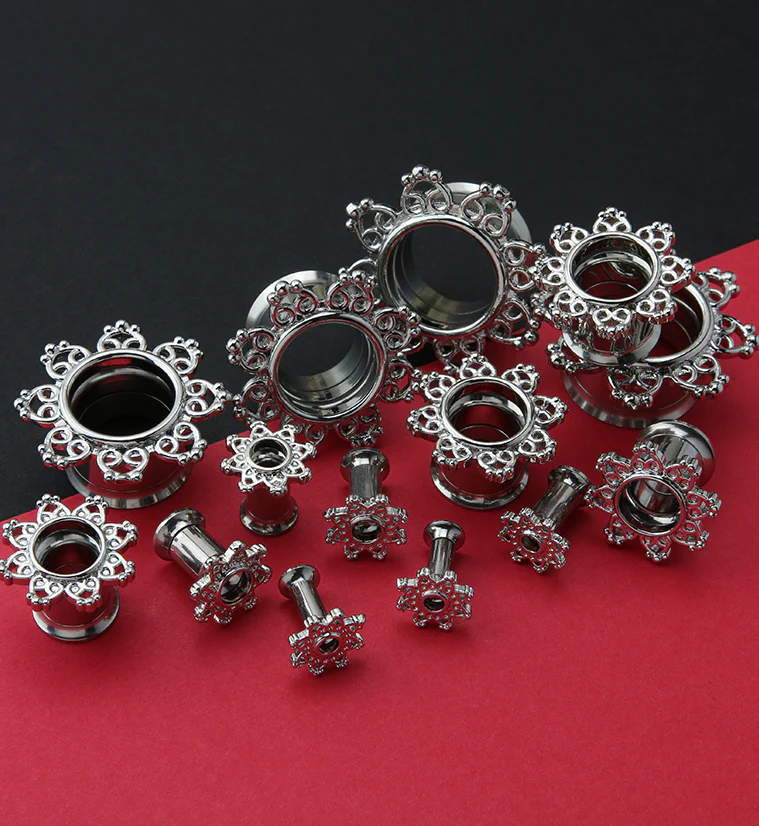 Silver Interlace Rim Stainless Steel Tunnel Plugs - Image 2